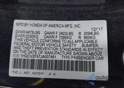 2018 Honda Accord Touring 2.0T z USA, uszkodzony, nr VIN 1HGCV2F97JA007461